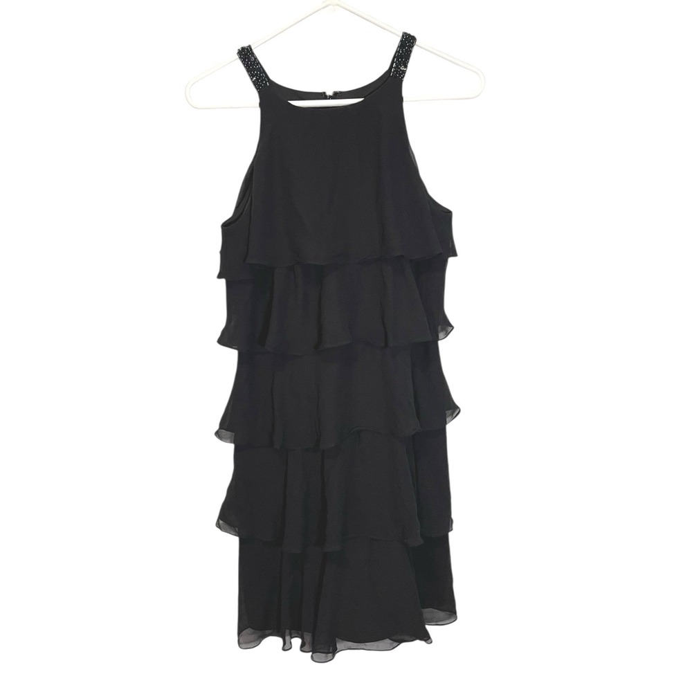 Expo Size 8 Black Tiered Chiffon Mini Dress‎ Beaded Halter Ruffle Cocktail Glam